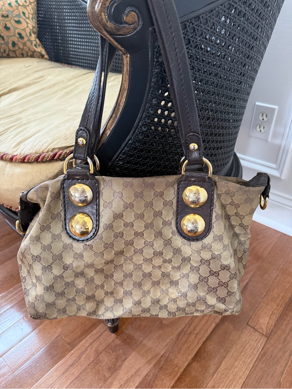 Vintage Gucci GG Crystal Babouska Tote Bag Brown GG Monogram Gold Studded Crest